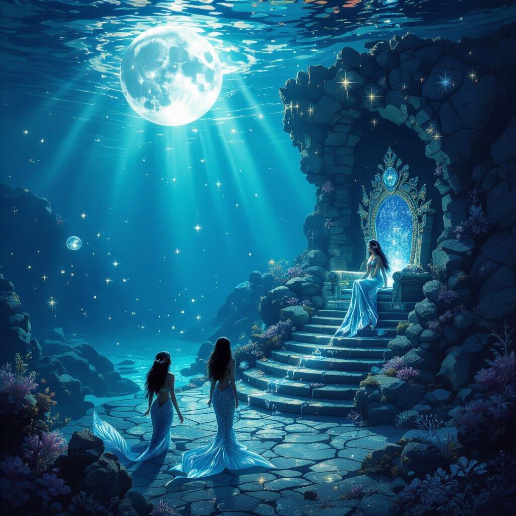 There is a land below sea in which the moon light that pierce the water surface fall on the land that ...  by @Minahal 