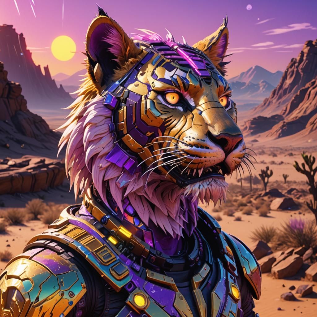 Punk anthropomorphic sabertooth tiger, alien desert scenery, intense colours, brilliant lighting 