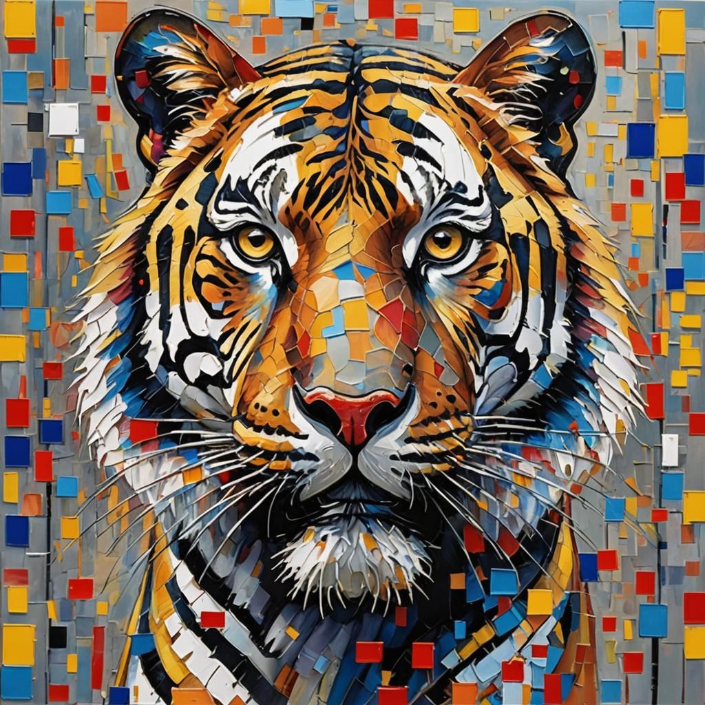 Piet Mondrian art tiger vibrant colorful decorative  acrylic...