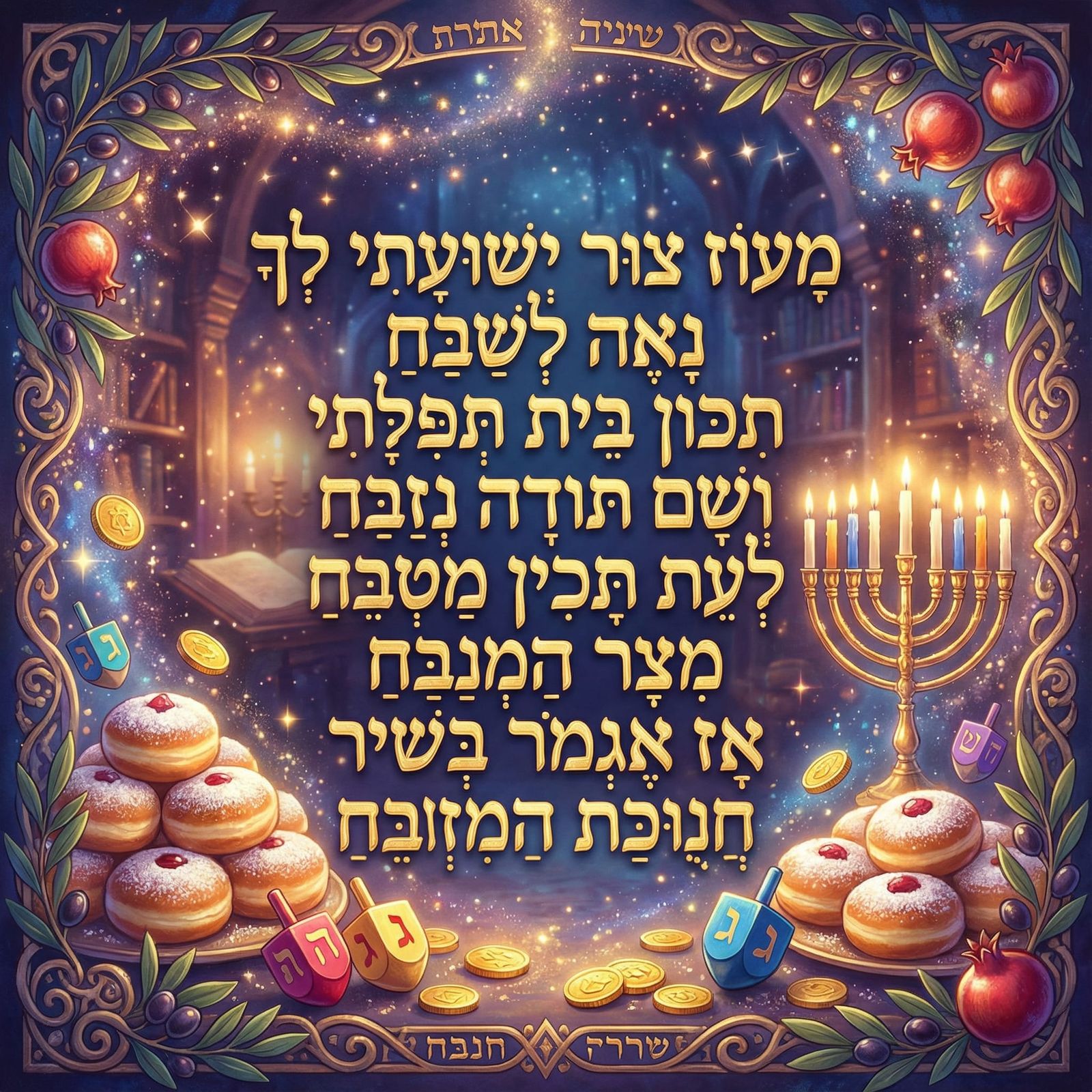 Hanukkah Celebration with Doughnuts, Dreidels, and Menorah