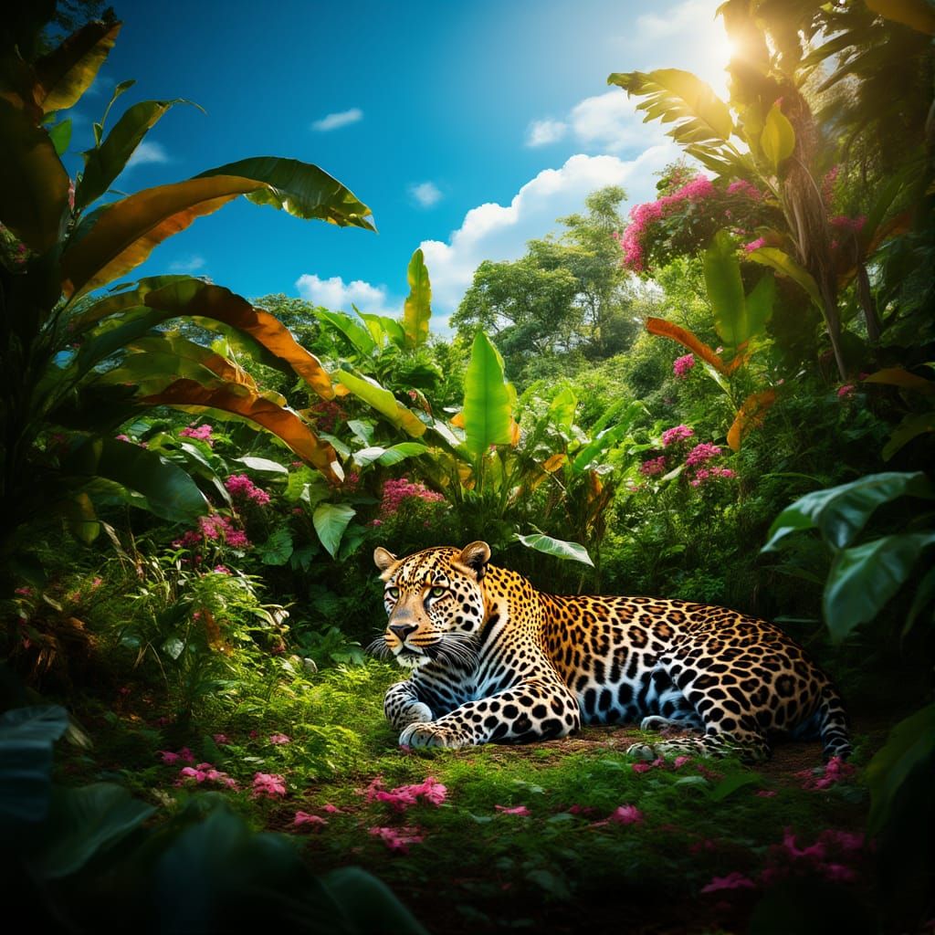 A majestic Leopard resting in a vibrant jungle during the day