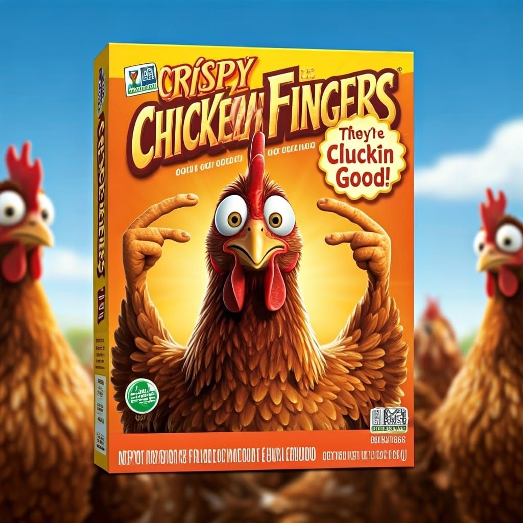 Vibrant box with a glossy finish, labeled 'CRISPY CHICKEN FINGERS', adorned with an image of a comical ...  by @Just a girl
