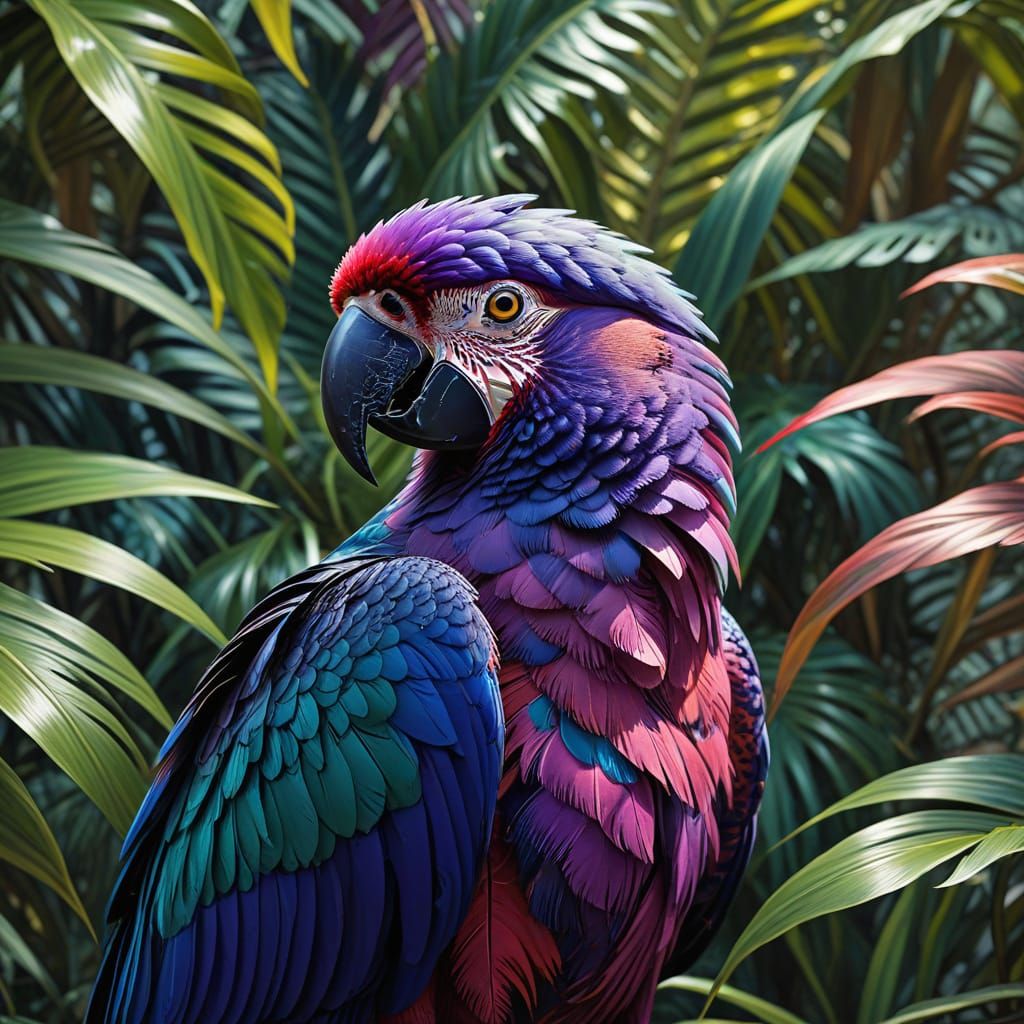 watercolor,  charcoal and (smudged chalk) storybook illustration of a  closeup of the head of an exotic purple and mauve toned parrott,  pal...