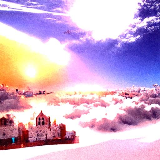 Flying town heavenly sunshine beams divine bright soft focus...