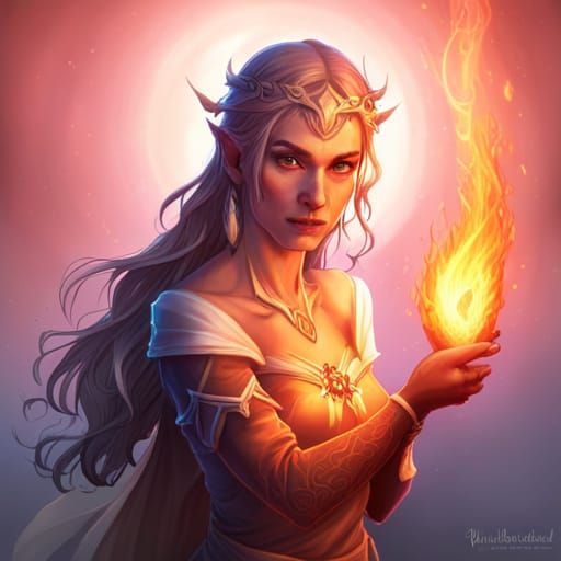 A female elven sorceress is holding a burning ember of fire made with ...