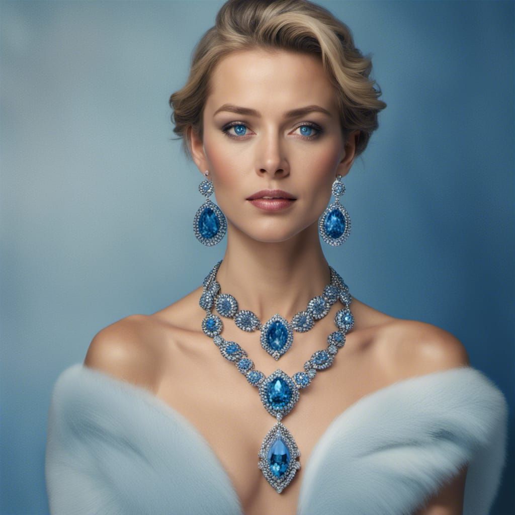 A long full portrait  shot of a stunning woman wearing a very large ice blue diamond necklace with a ...  by @Fredericco
