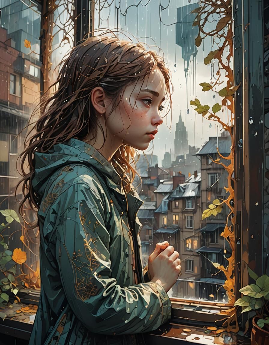 Little Girl at Rainy Window: Digital Art