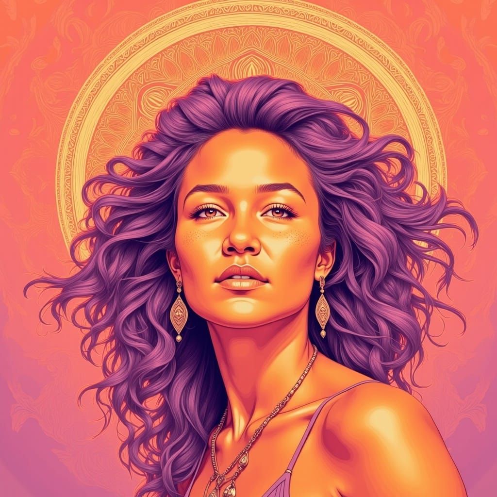 <lora:Native Woman:1.0> Portrait of a woman in peach apricot mauve and lavender and tan with gold filigree Halo