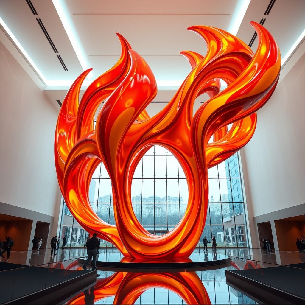 Vibrant Abstract Sculpture of Fierce Flaming Museum Structur...
