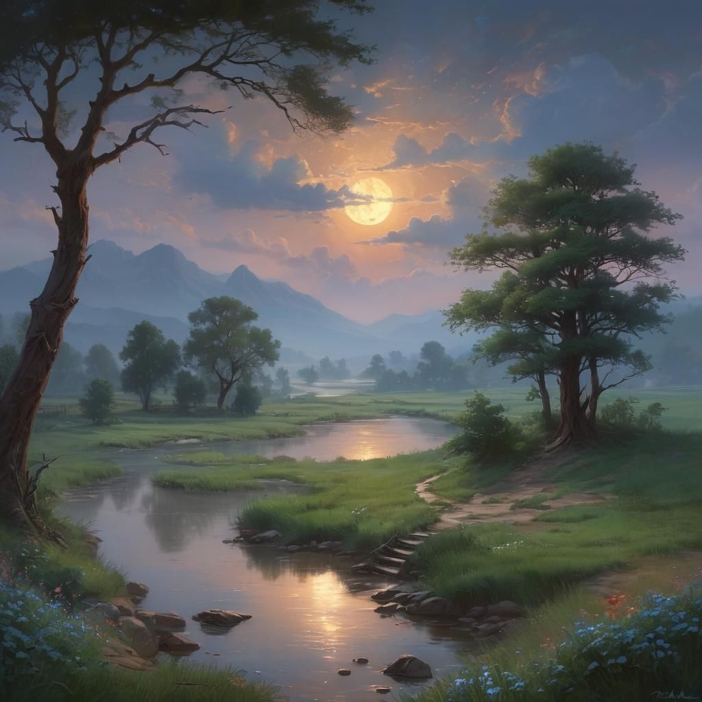 Moonlit Plains Landscape in Carved Wooden Frame