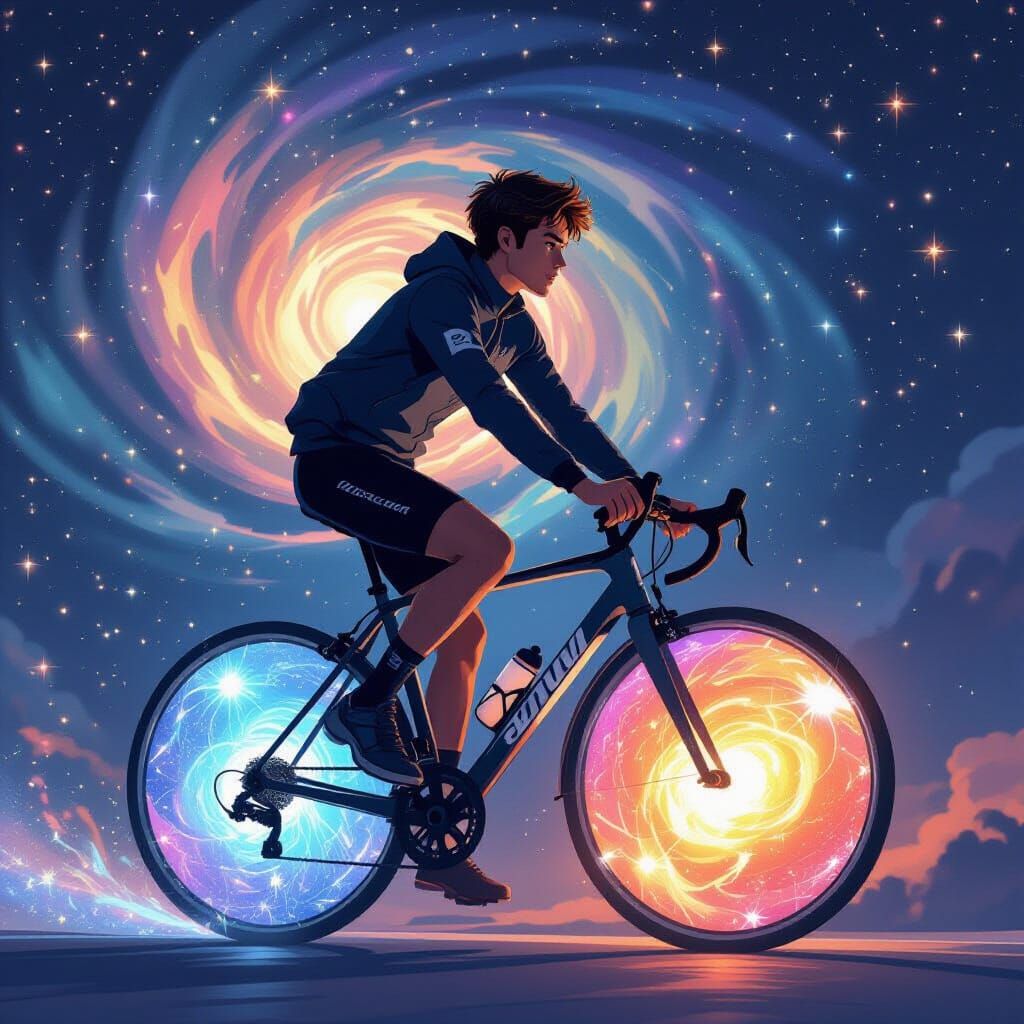 Cartoon Cyclist Rides Galactic Bicycle with Stardust