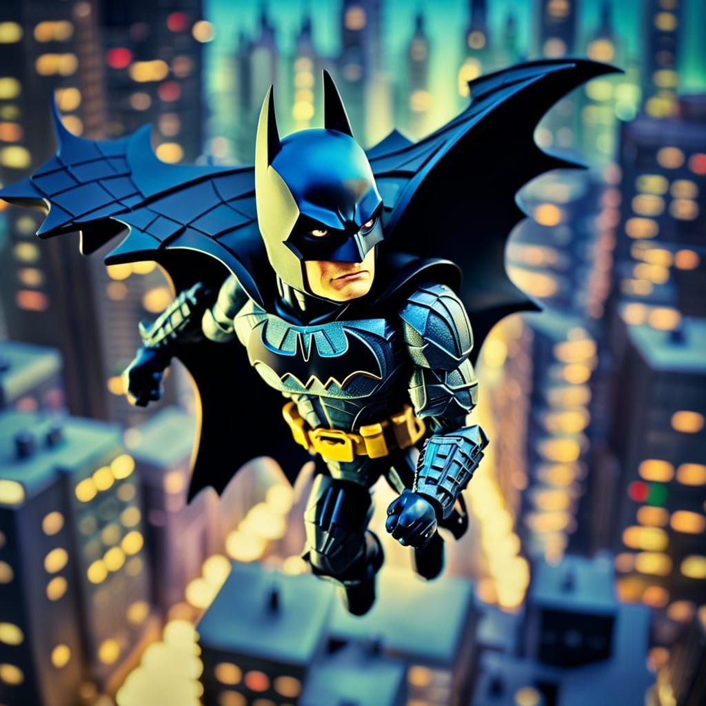 Action figure of Batman flying over Gotham
