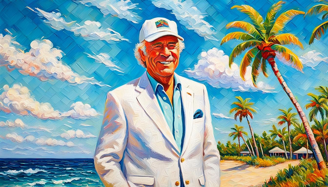 SINGER JIMMY BUFFET WEARING WHITE LINEN SUIT, BASEBALL CAP ,...