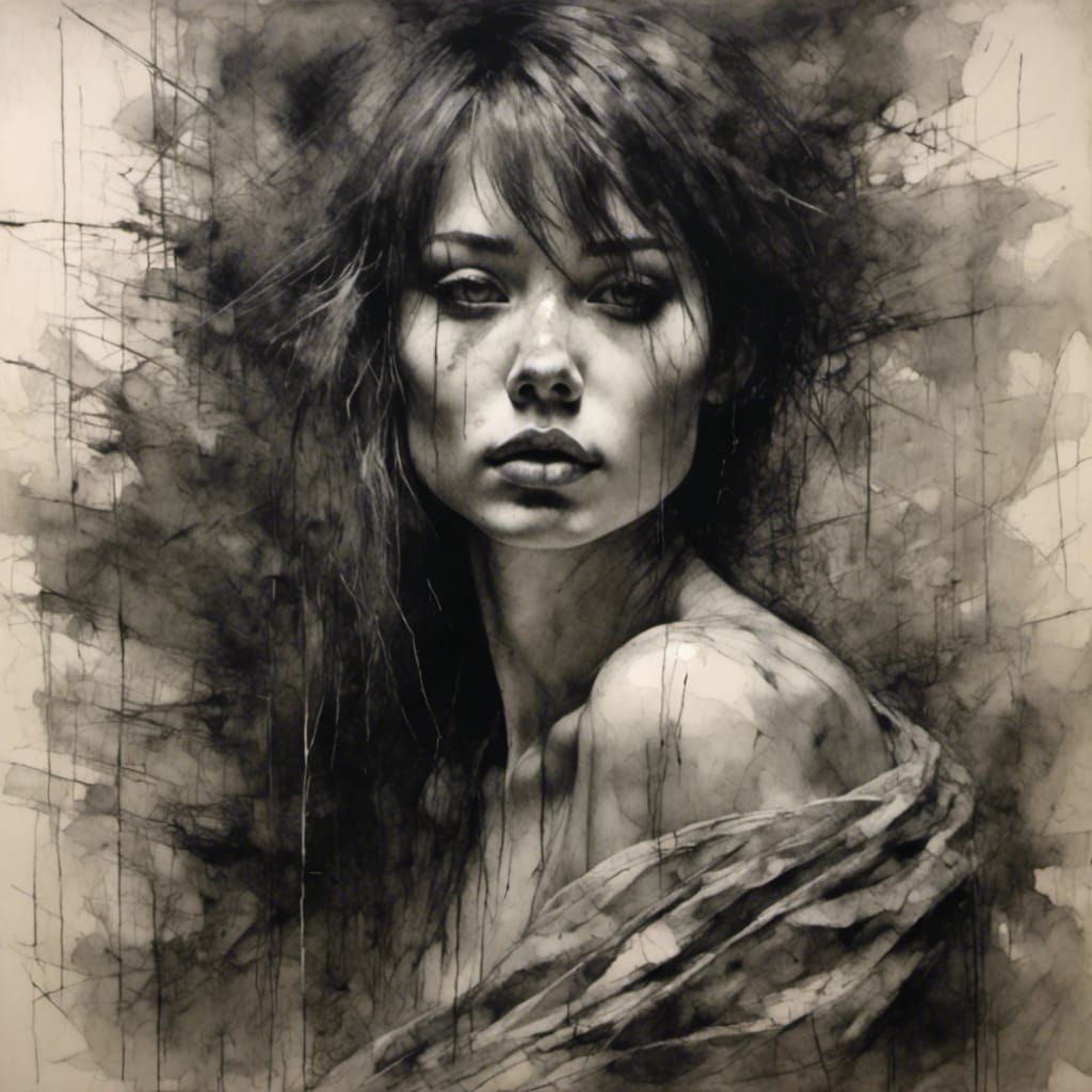 young beautiful woman brushed charcoal hyperdetailed, <lora:Brushed charcoal:1.0>