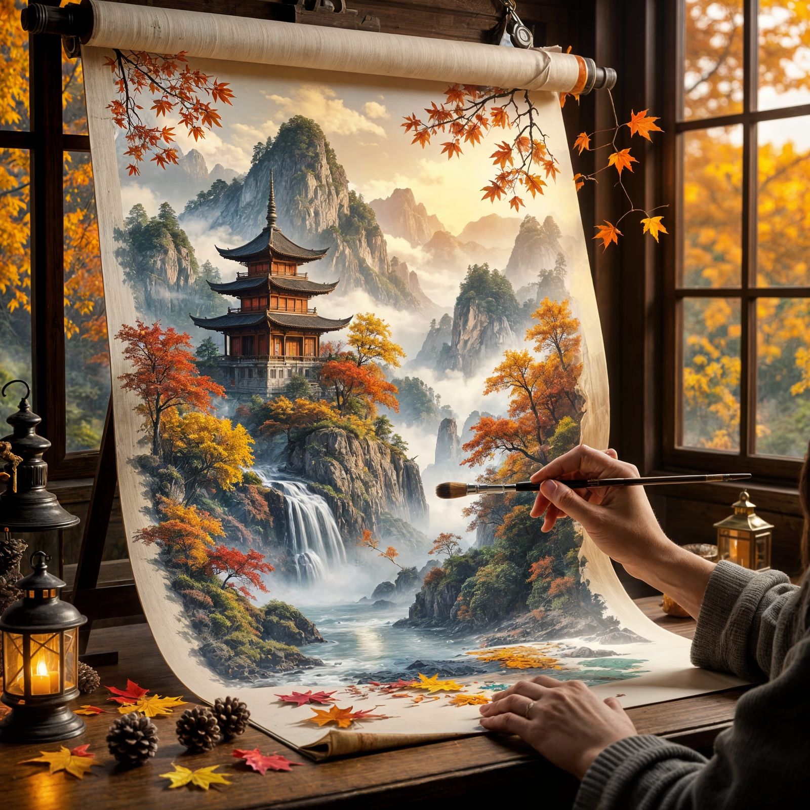 ^^Artist Completes Autumn Landscape Scroll Painting  by @AliceKoh