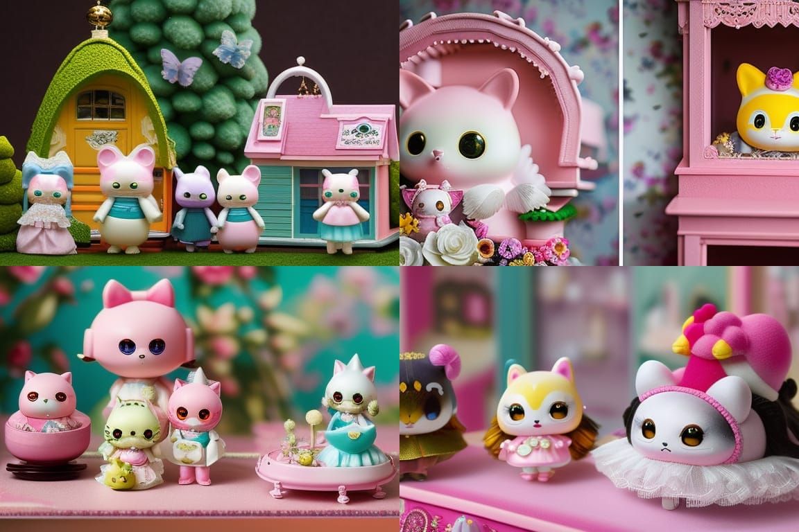 Macrophotography of sanrio characters in a rococo doll house...