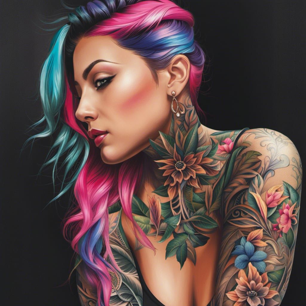 A serene and peaceful moment of a tattooed woman meditating, her tattoos telling stories of self-discovery ...  by @Melony Whitlock