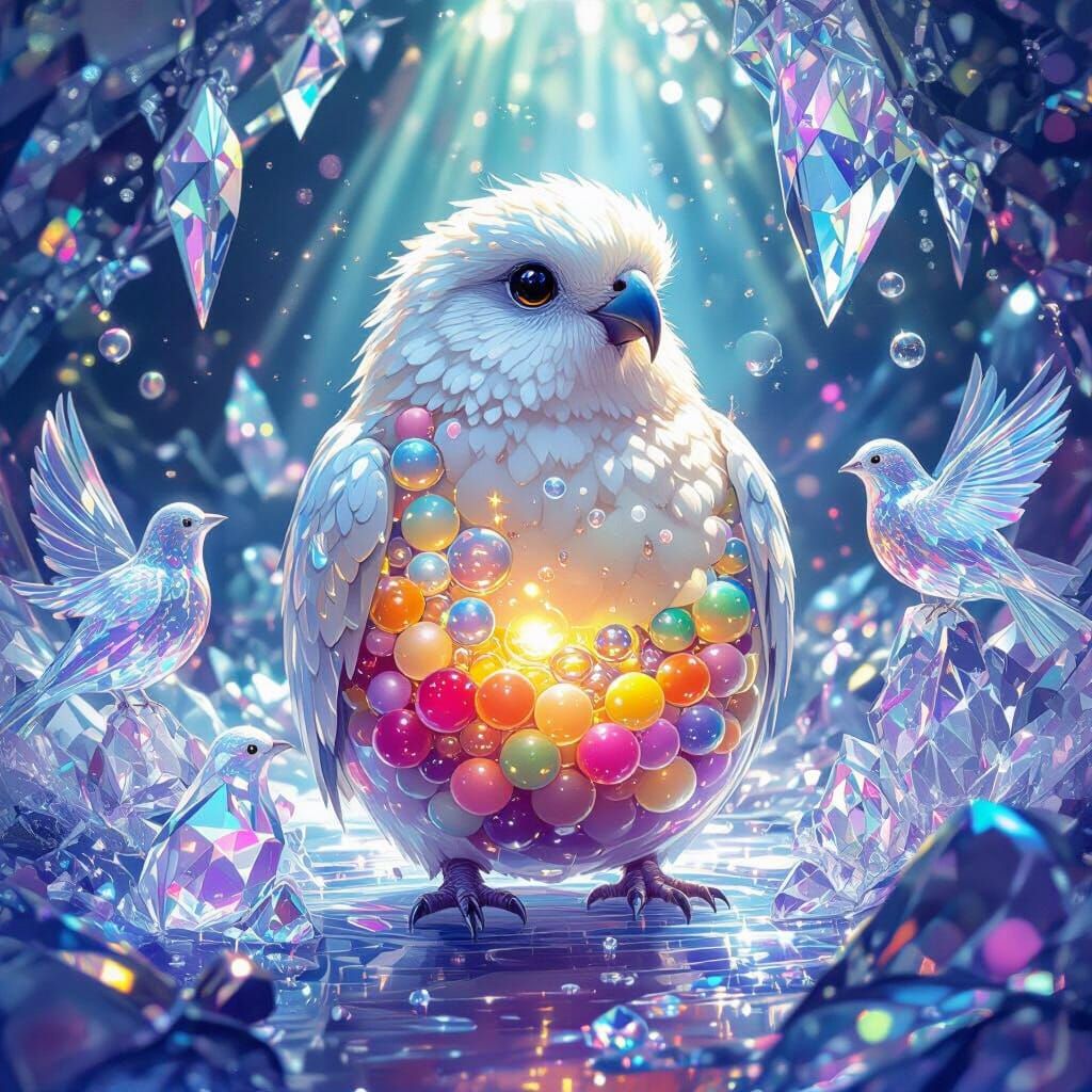 a see through very fat kakapo with bubble tea insides in a crystal paradise with crystal birds with also bubble tea insisdes