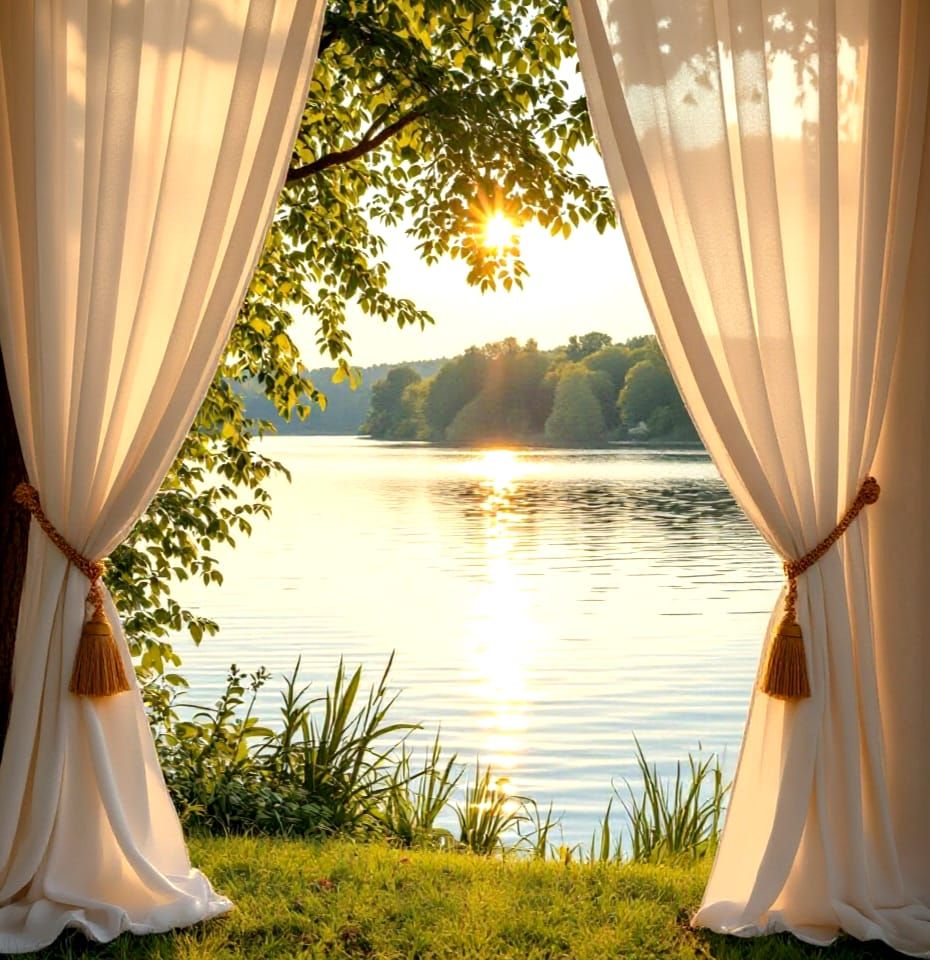 An ethereal, heavenly view of a  serene lakeside scene unfolds through gently pulled-back white sheer curtains with golden tie-backs, reveal...