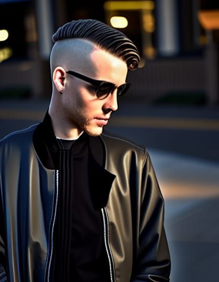 He has a short high and tight hair cut. His clothes are a bl...