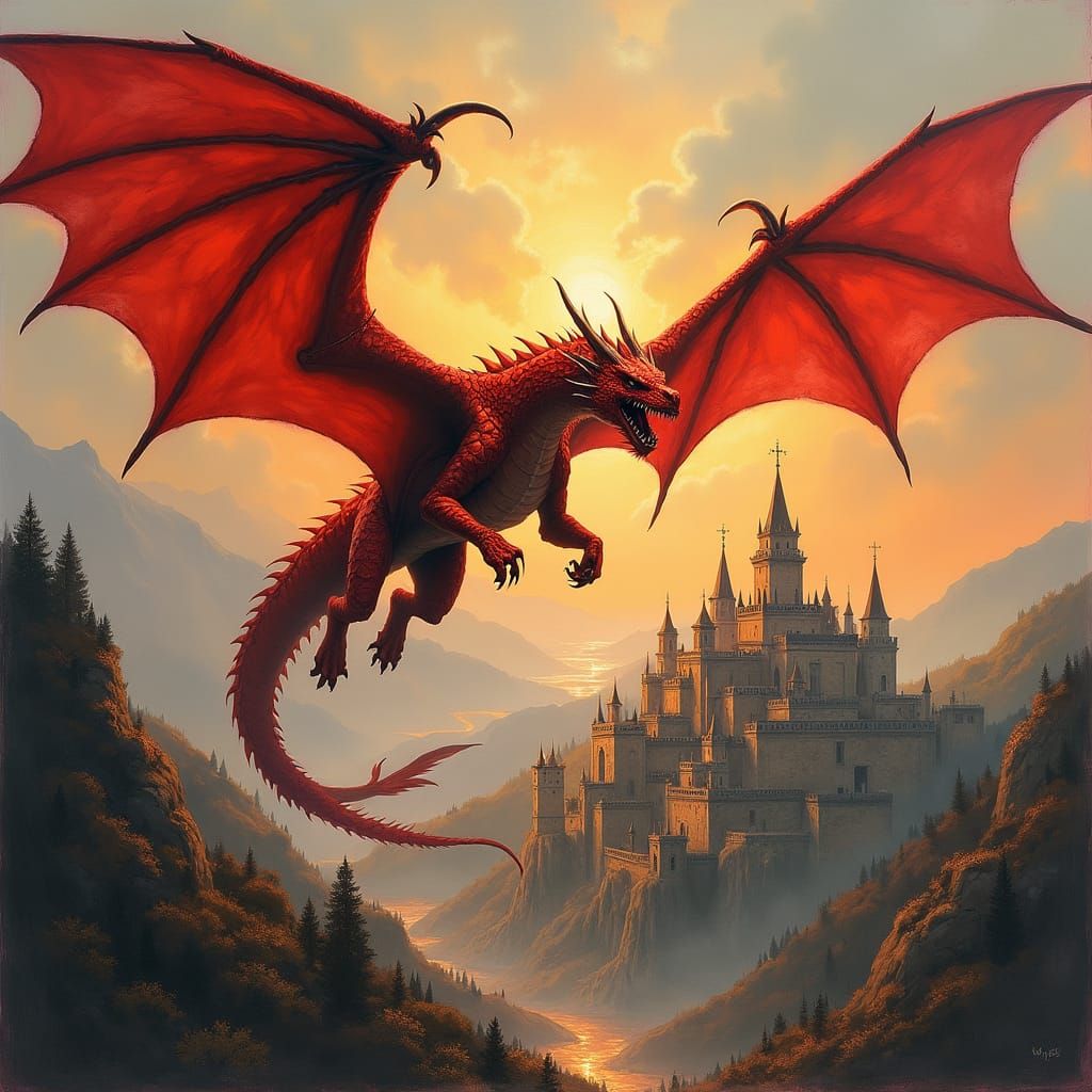 magnificent red dragon flying over the medieval city in the valley