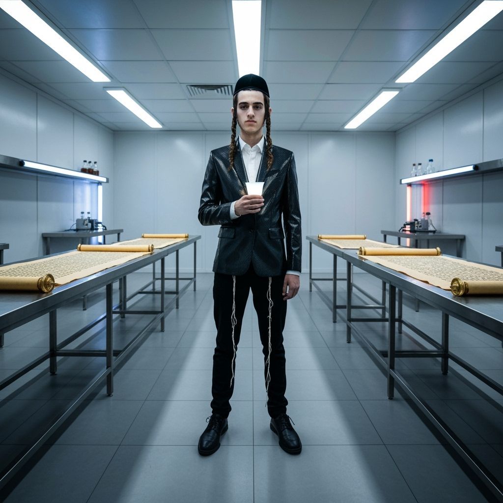 Chassid in Neo-Cyberpunk Lab with Glowing Kiddush Cup