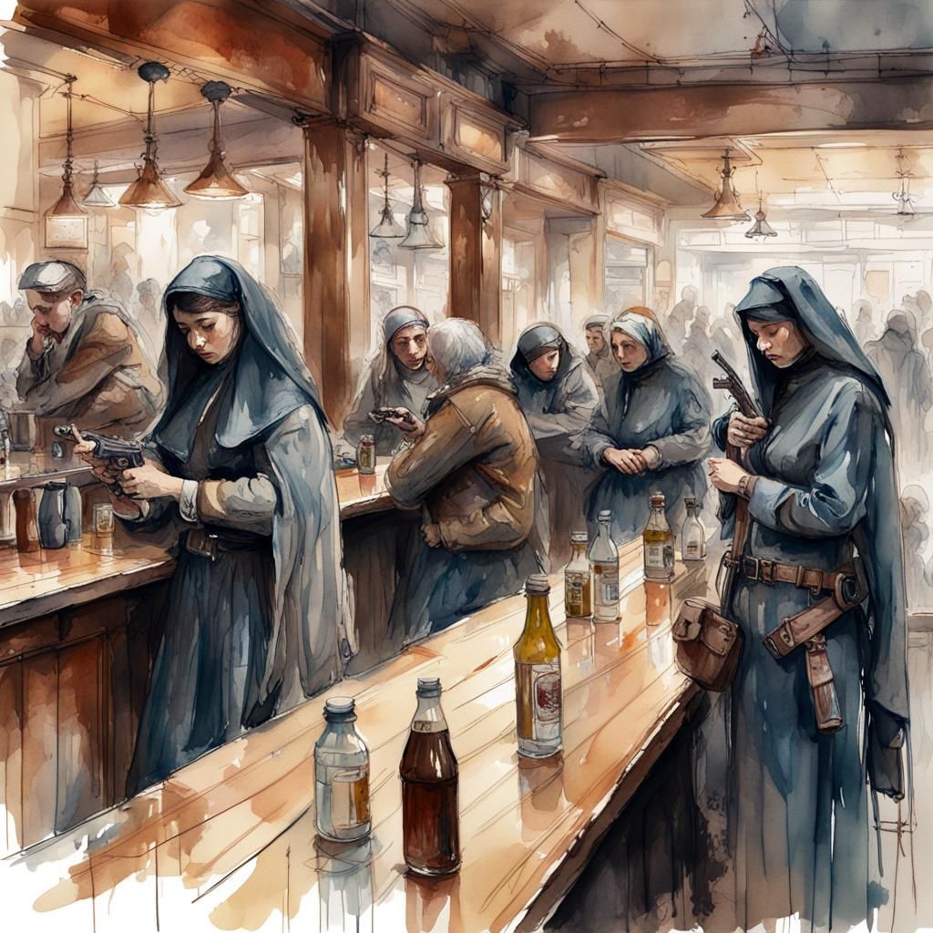 Digital watercolor Illustration of a busy biker bar filled w...