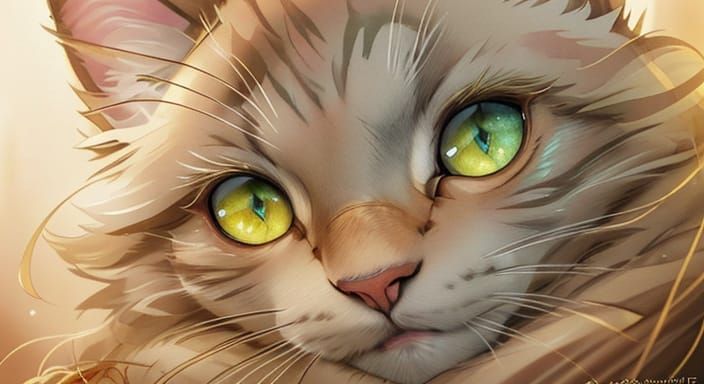 a light grayish-gold cat with green eyes