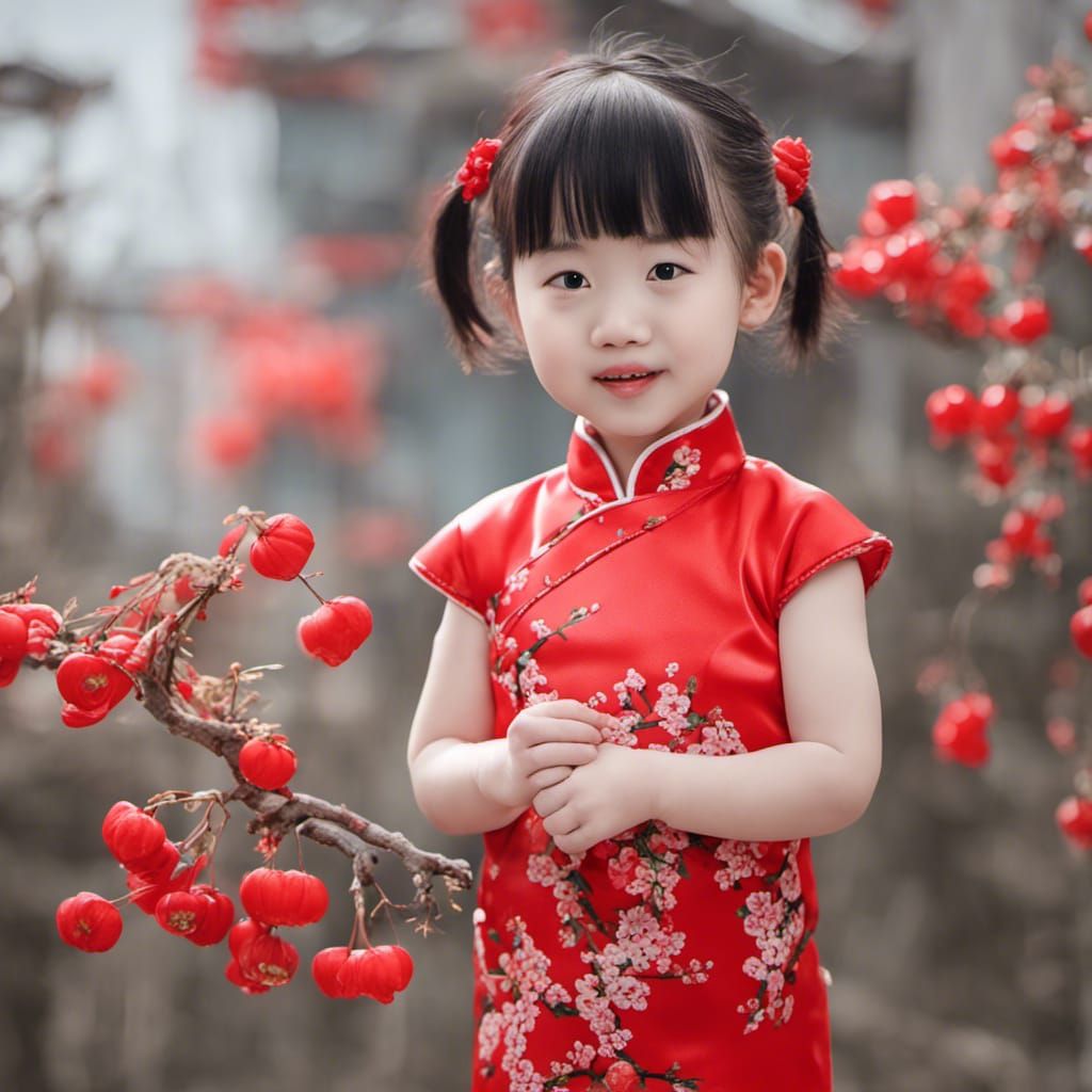 Chinese toddler red qipao cherry flowers