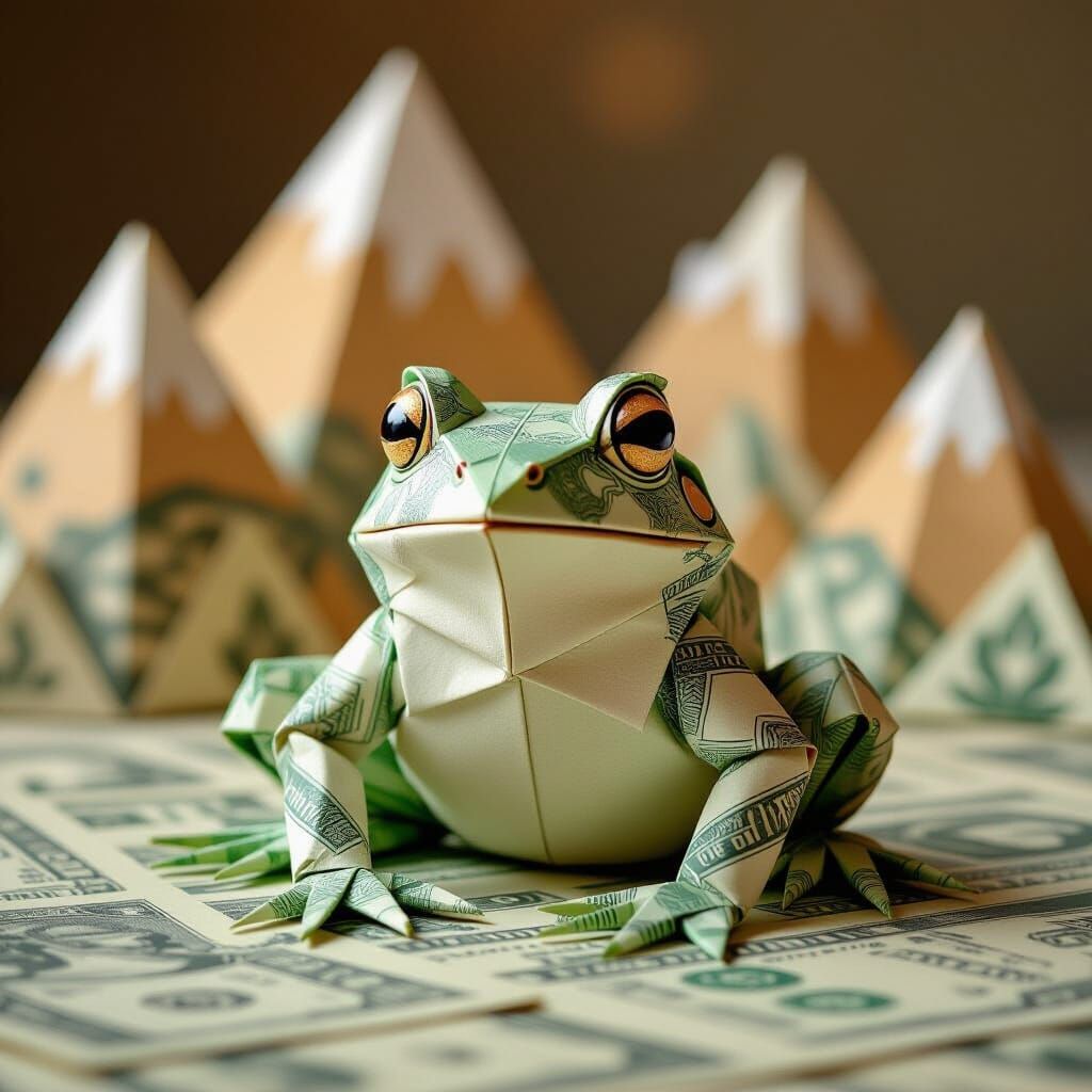 An origami frog folded from crisp dollar bills,background origami folded mountains  by @Henri Banks