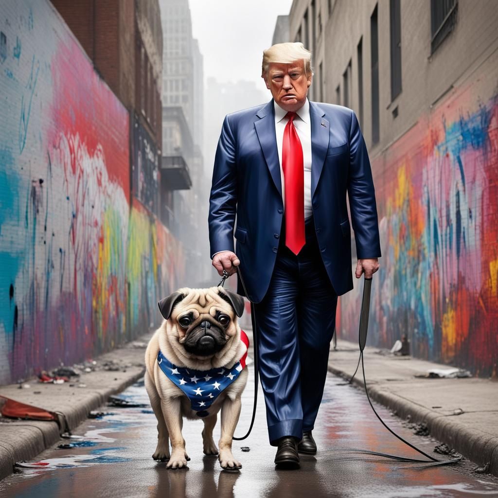 hyperrealistic photograph of pug as human upright president of USA