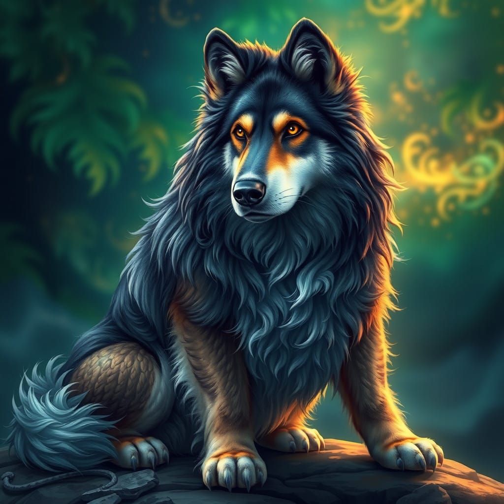 Majestic Wolf-Basset Hybrid in Vibrant Fantasy Realm