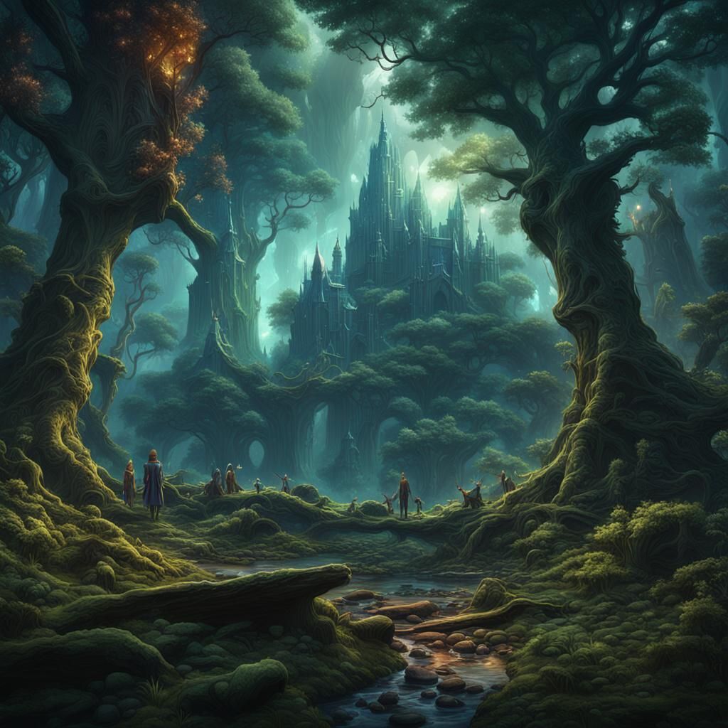 A dieing forest at the end of time with elves lamenting in t...