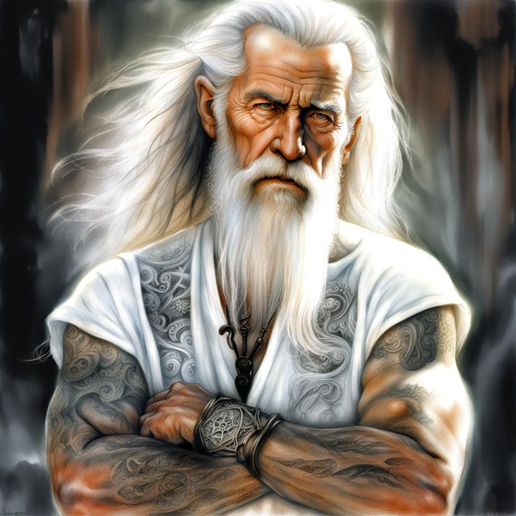 Luis Royo drawing, pencil sketch: Close-up portrait of an ol...