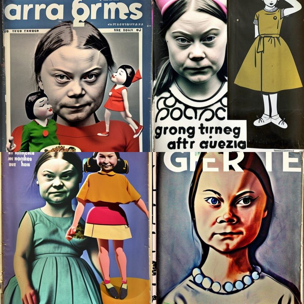 Greta Thunberg eating gnomes, 1960s fashion magazine cover, ...