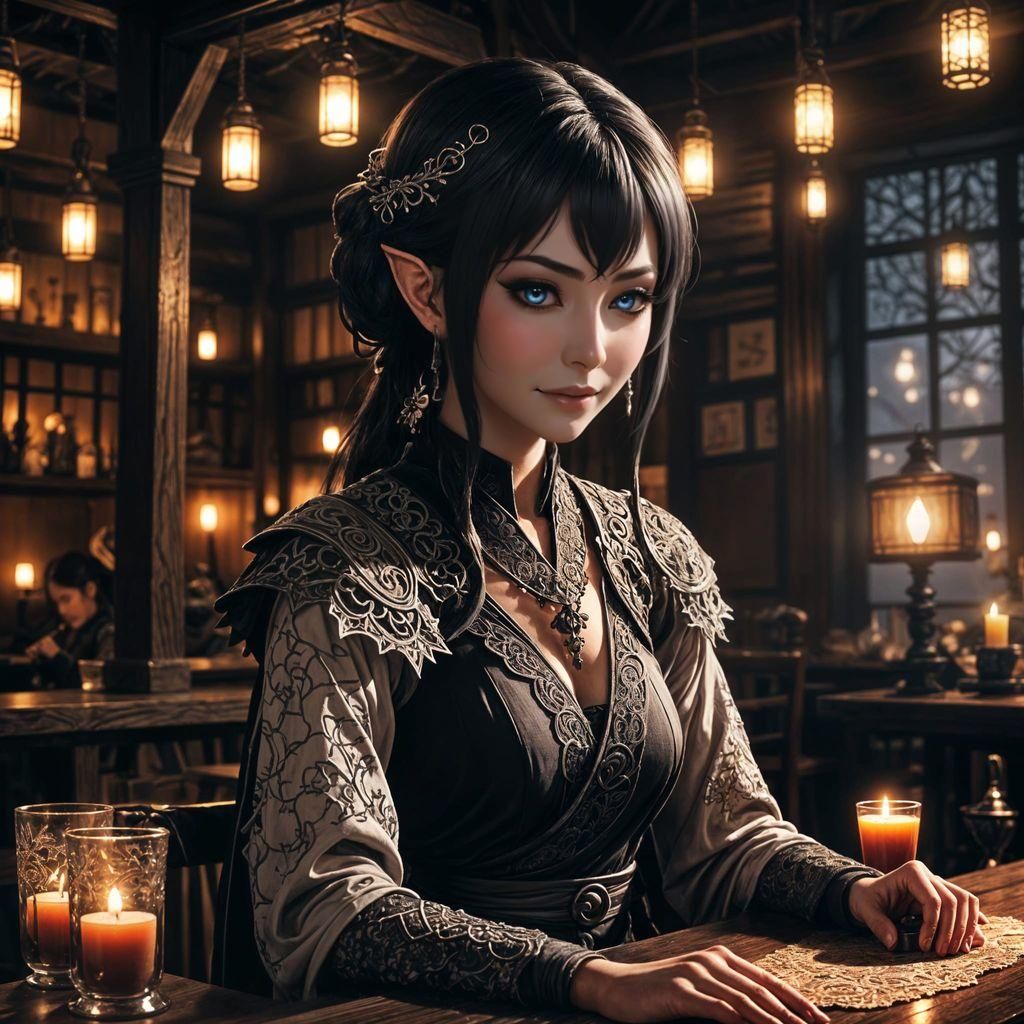 Shadar-Kai Elf Woman Monk Wearing Black Dark Clothes With Silver Accents. No Armor. Tight fitting and intricate lacy clothes, loose accessor...