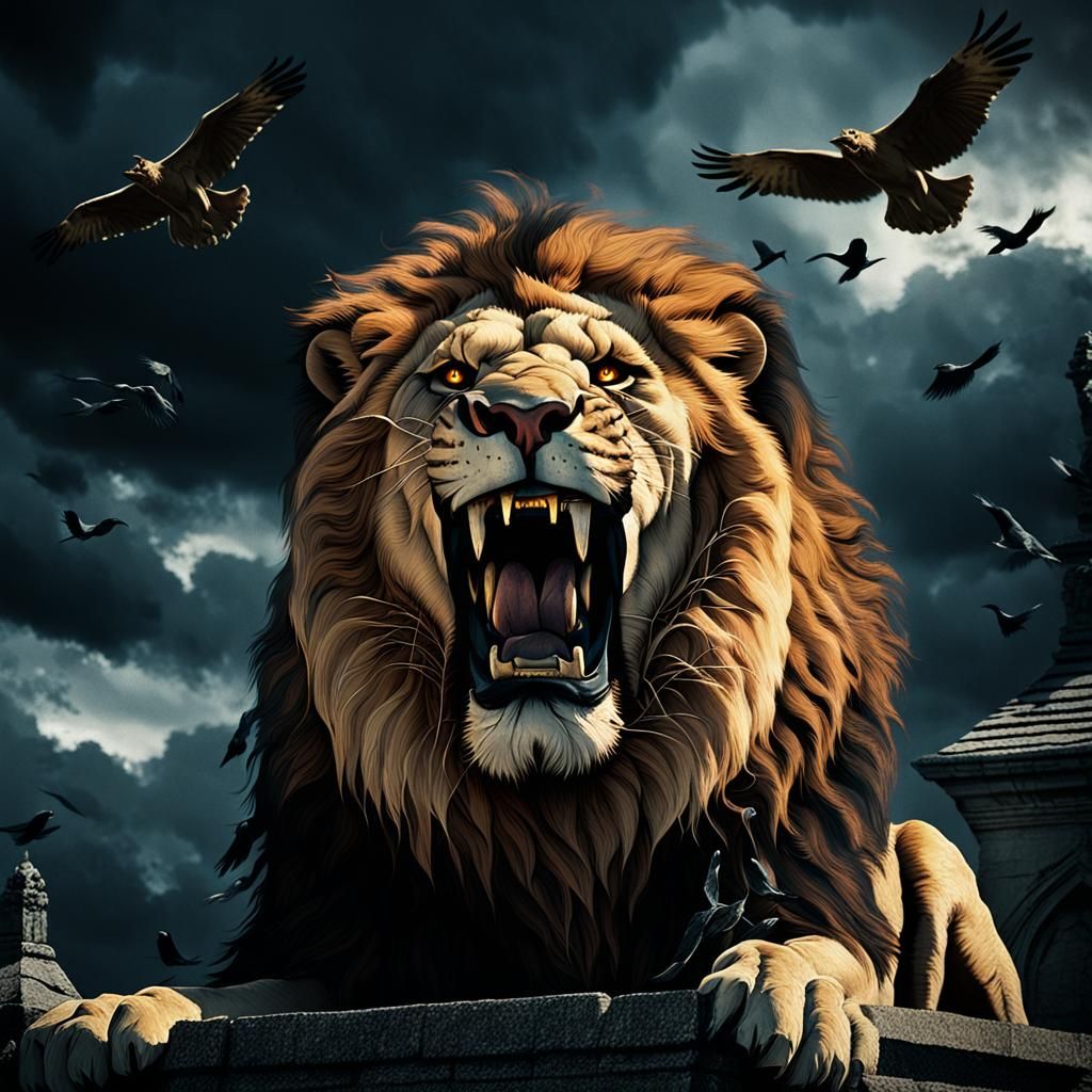 Gothic Horror Lion Roaring at Ominous Sky