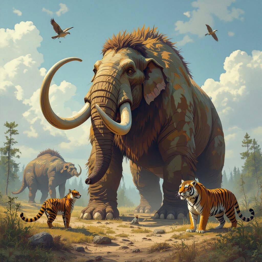 Extinct Animals in Prehistoric Landscape with Dramatic Light...
