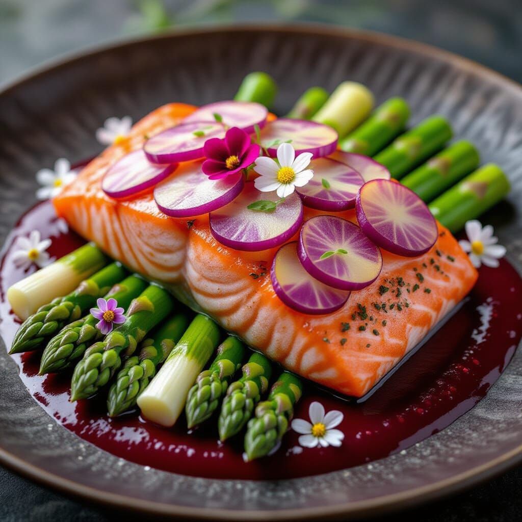 Realistic image high definition. A filet of Alaskan salmon is encrusted with slices of purple potatoes. The salmon lies on a bed of white, g...