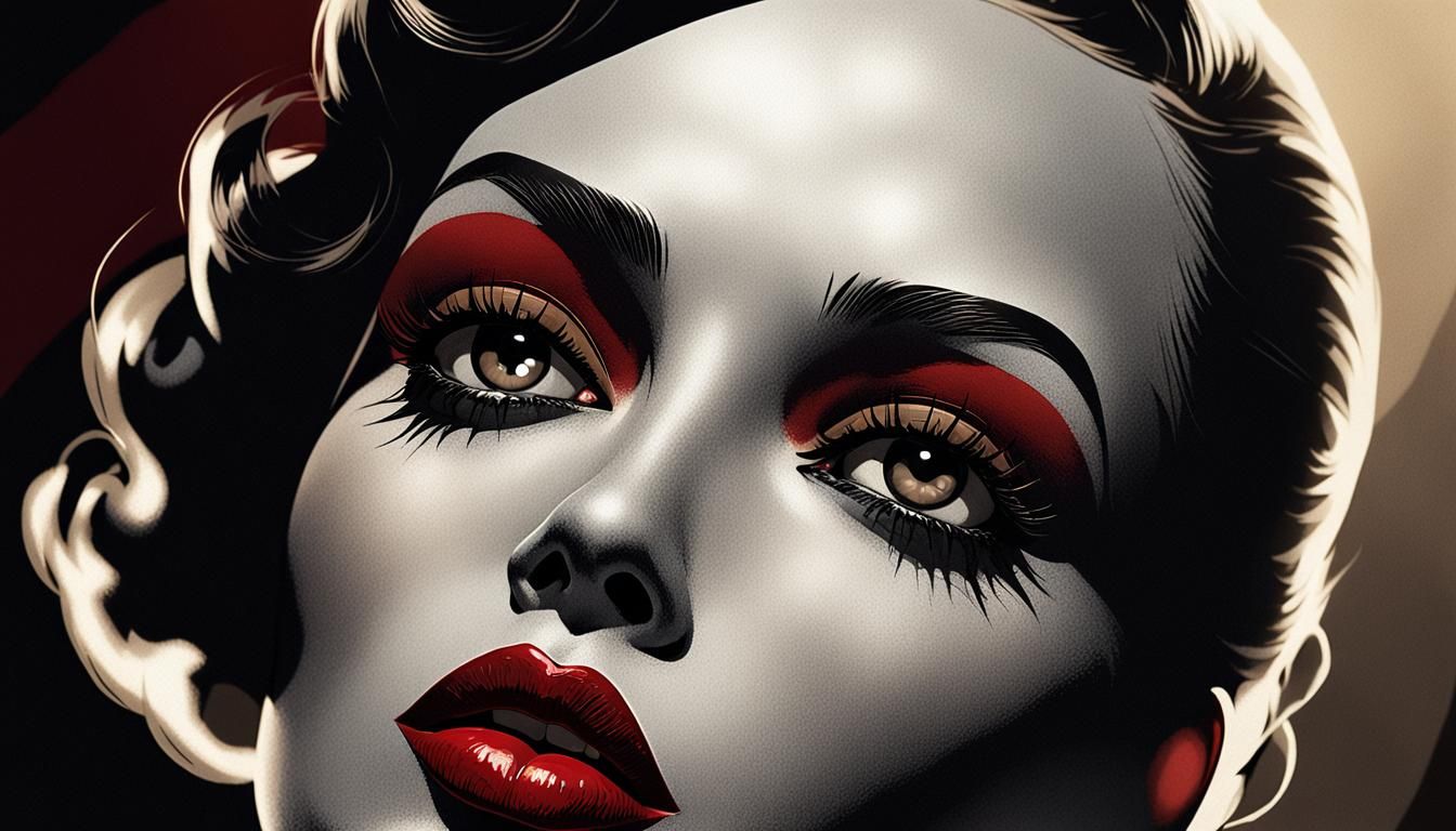 Picture yourself a classic Adel Rootstein mannequin in a Noir Burlesque comic by Enrice Marini. She is a bit close-up.  Colors in beige, bla...