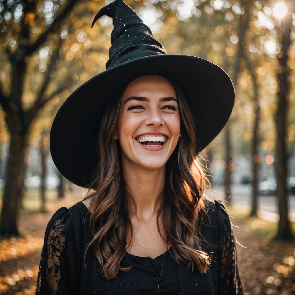 A young and pretty witch laughing whitout hat