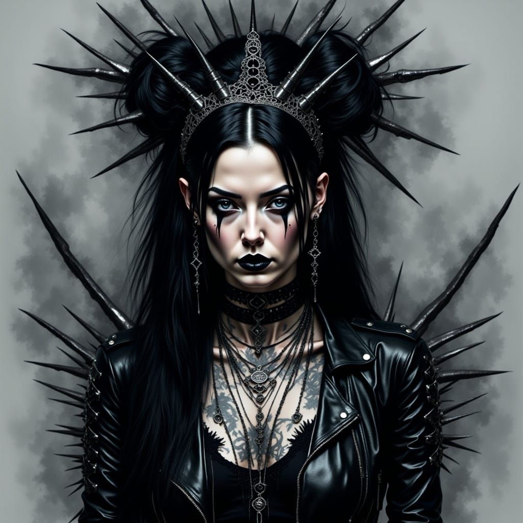 <lora:Dark Intensity:1.0> black fat metalhead woman, beautiful black metalhead woman, woman in leather clothes, intricate spiked metalhead j...