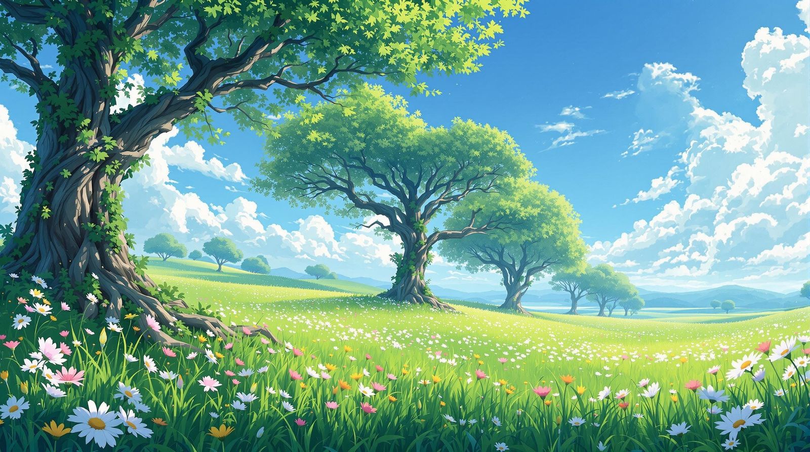 Whimsical Anime Landscape with Towering Trees and Vibrant Wi...