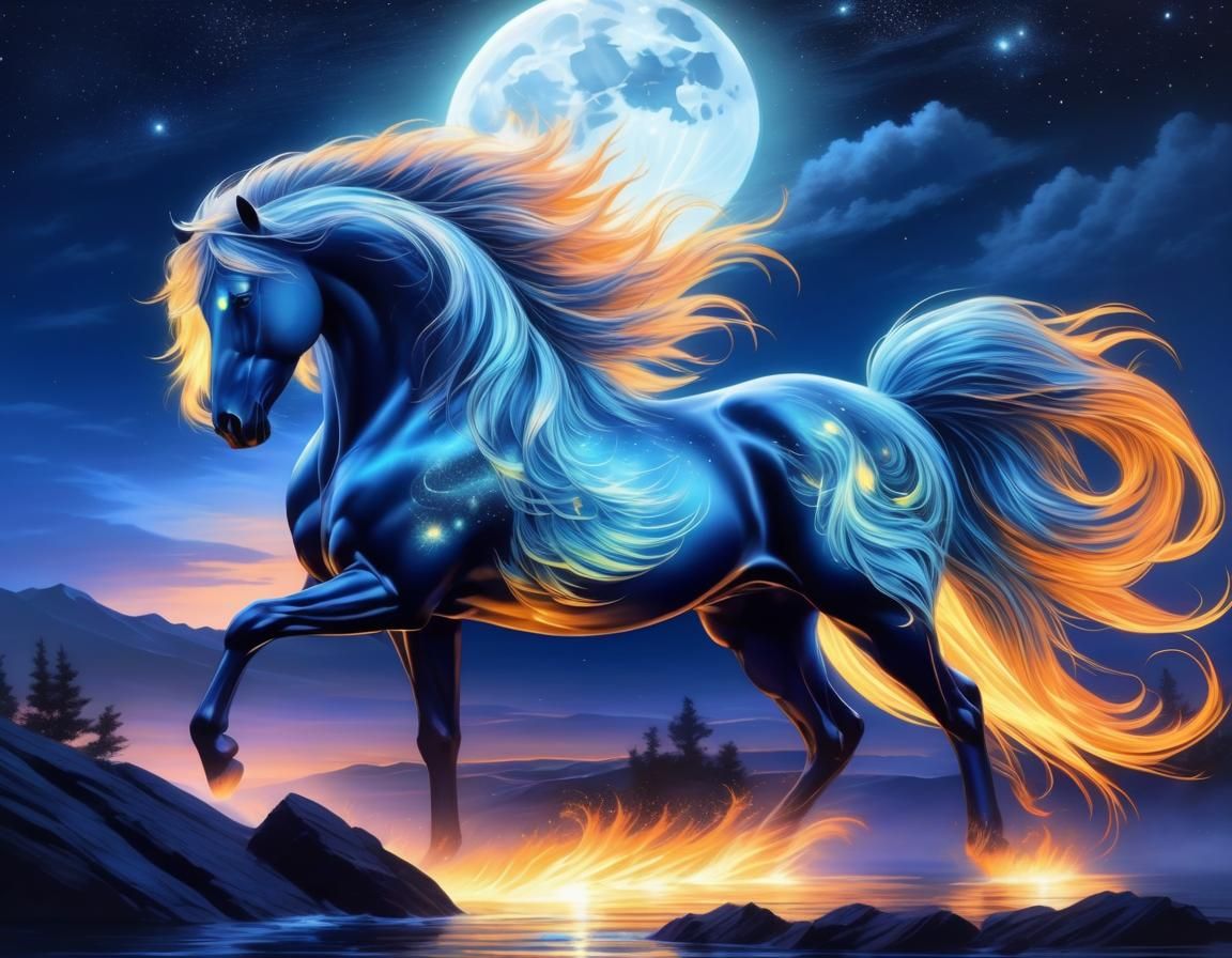 Glowing Stallion with Fiery Mane Under Moonrise