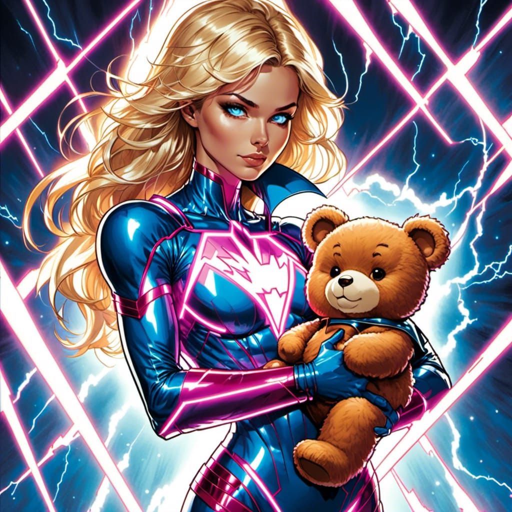  <lora:Shiver_of_Light:1.0>a superhero holding a teddy bear