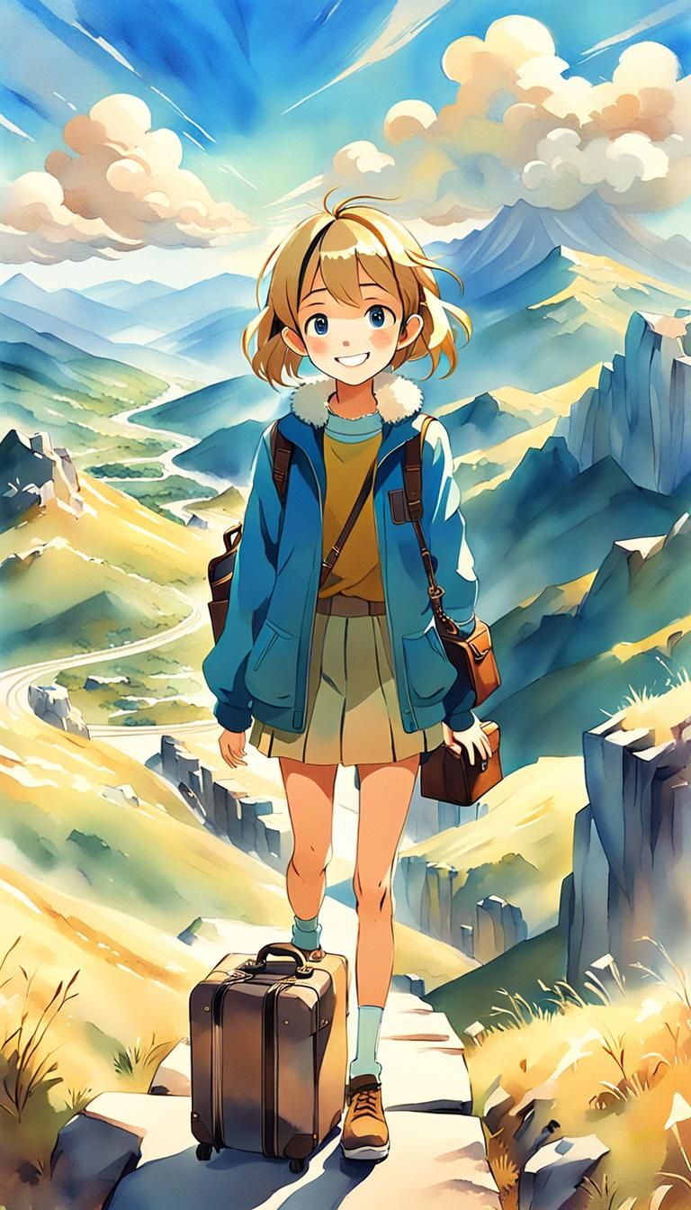 Anime Girl Overlooking Mountain Landscape