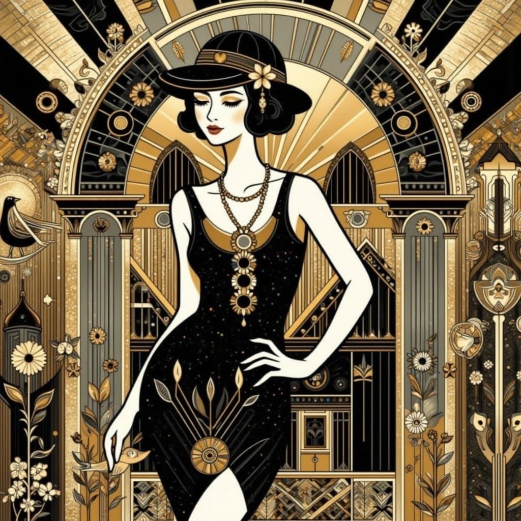 Parlour with 1920s flapper in black and gold, Art Deco style <lora:Earth and bricks:1.0> 