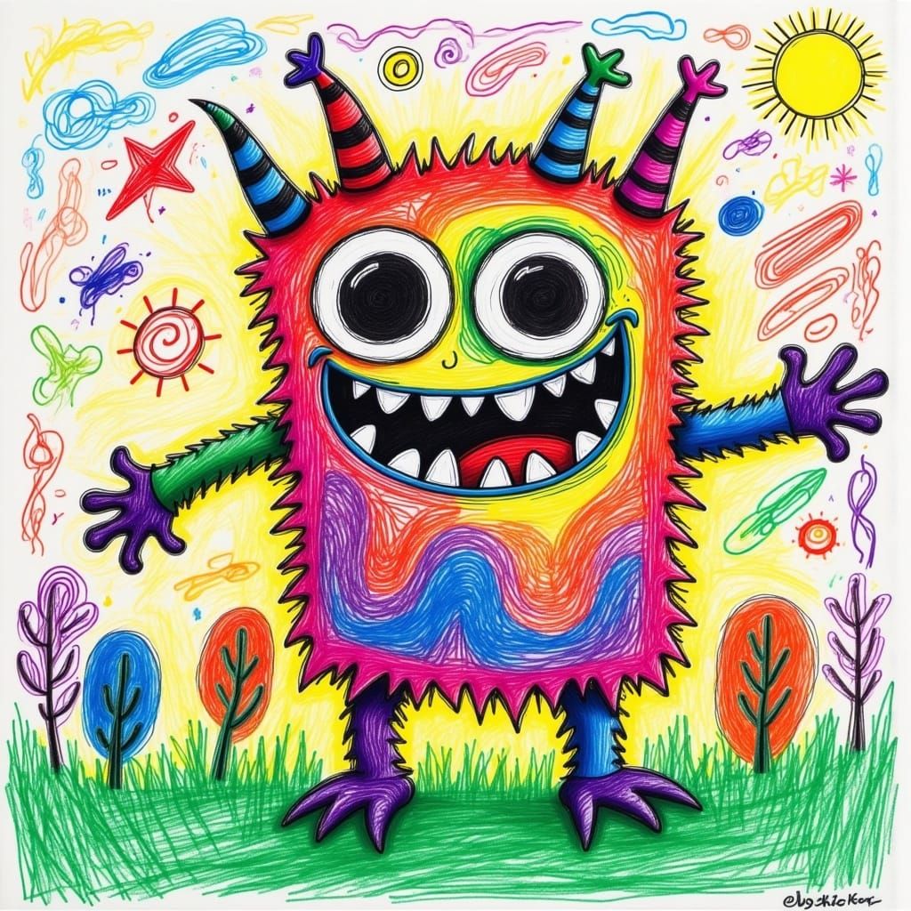 <lora:ChildhoodCrayon Flux:1.0> A zany whacky colorful crayon drawing of a monster, like a child drew it, a child’s imagination, colorful b...