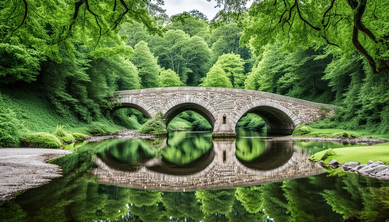 Circular stone bridge on the river.  by @Laurent