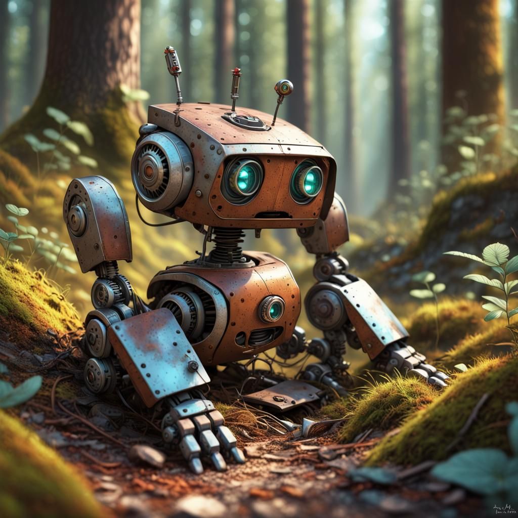 Rusty broken bot in the woods - AI Generated Artwork - NightCafe Creator